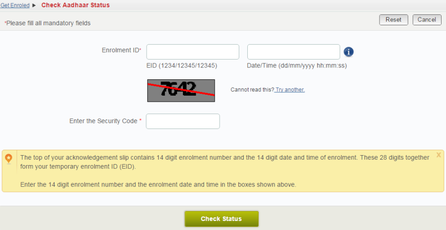 check aadhar card status online by enrolment number